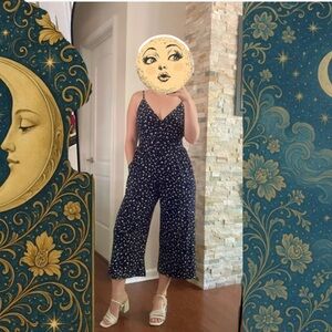 Navy Blue Spaghetti Strap jumpsuit with White Pattern